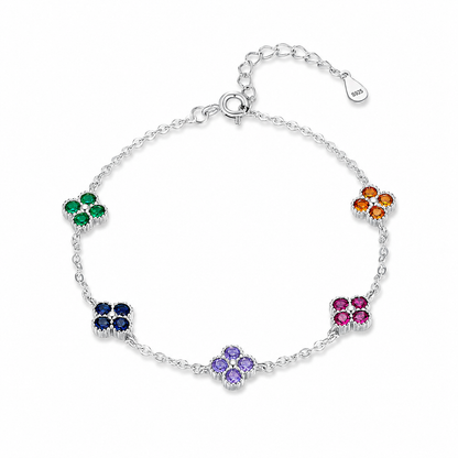 Rainbow Flower Charm Bracelet — S925 Silver | Multicolor CZ Clover | Dainty Gift for Her