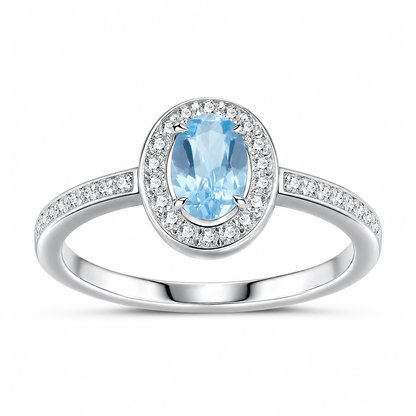 Oval Blue Topaz Halo Ring | S925 Sterling Silver Platinum Plated | Dainty Promise Ring