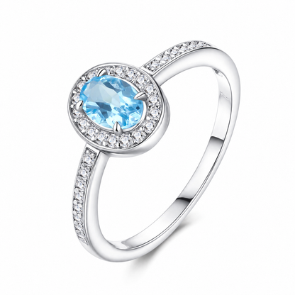 Oval Blue Topaz Halo Ring | S925 Sterling Silver Platinum Plated | Dainty Promise Ring