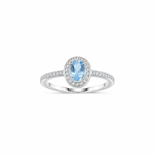 Oval Blue Topaz Halo Ring, S925 Sterling Silver Platinum Plated, Dainty Promise Ring | Velara Milano