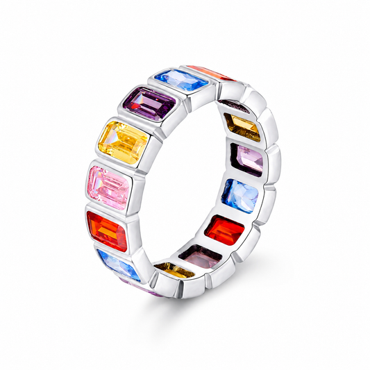 Rainbow Eternity Ring – S925 Sterling Silver Emerald-Cut Gemstone Band