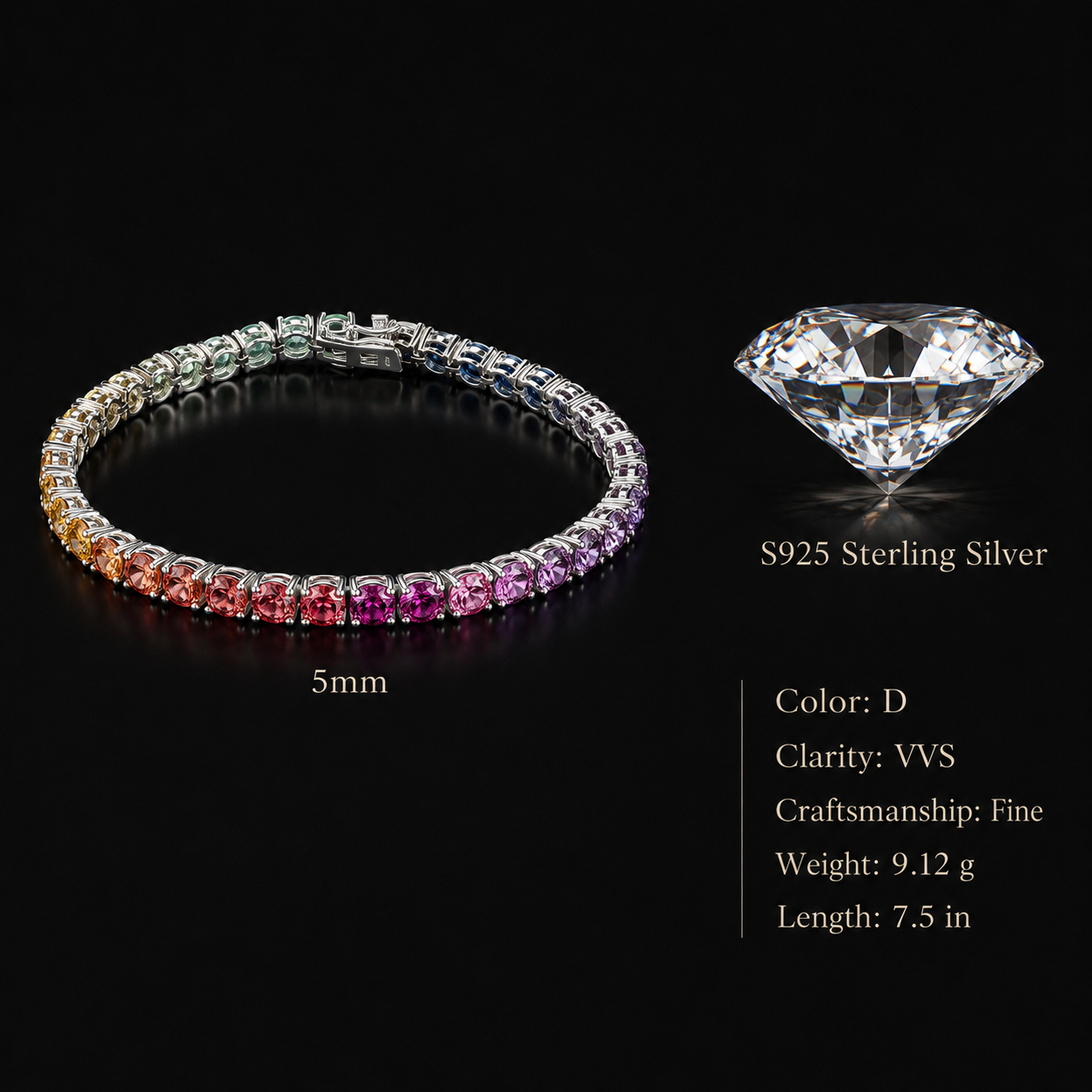 S925 Sterling Silver 5mm Rainbow Lab-Grown Gemstone Tennis Bracelet, Unisex