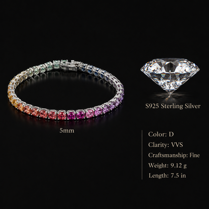S925 Sterling Silver 5mm Rainbow Lab-Grown Gemstone Tennis Bracelet, Unisex
