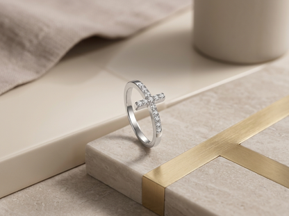 Holy Light Cross Moissanite Wedding Ring in Gold-Plated S925 Silver