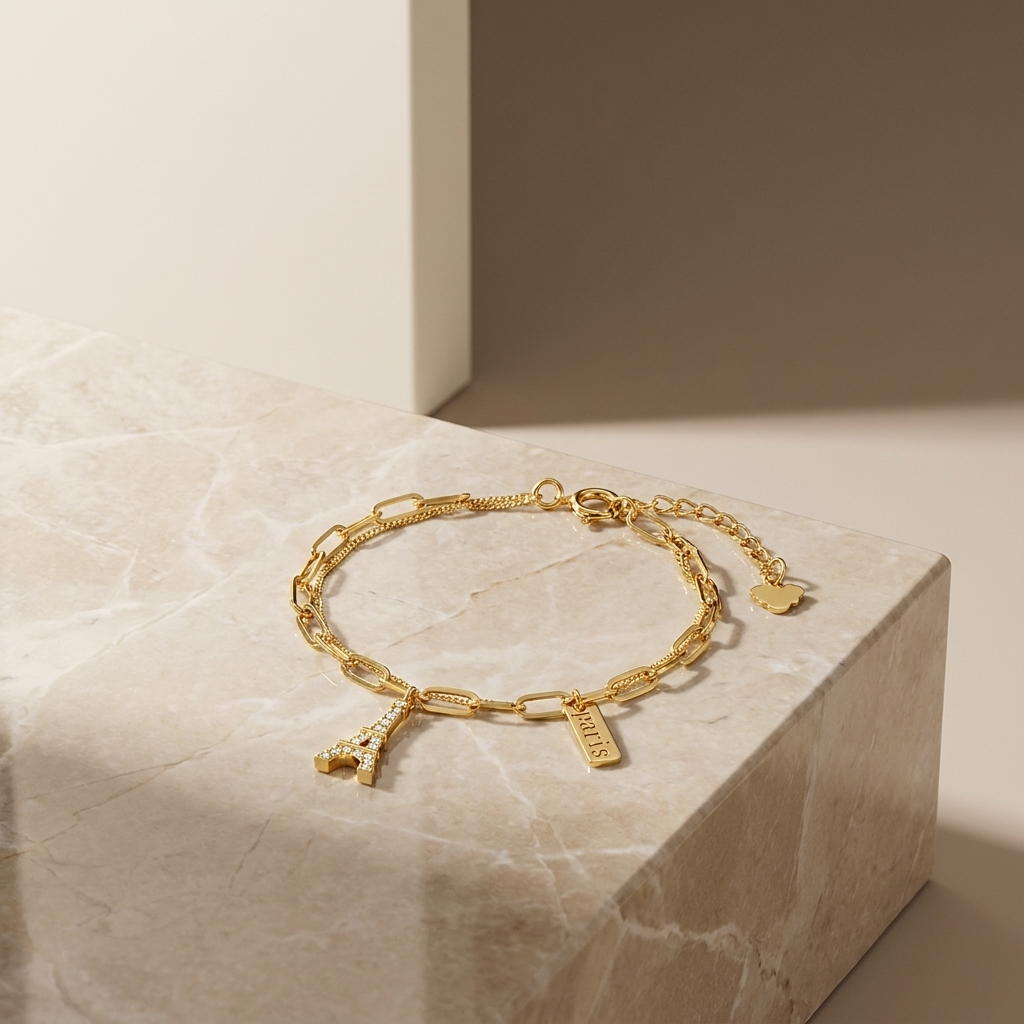 Silver Bracelet With K Gold-Plated Eiffel Tower Pendant S925 Sterling