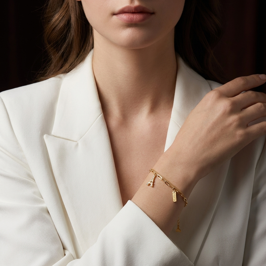 Silver Bracelet With K Gold-Plated Eiffel Tower Pendant S925 Sterling