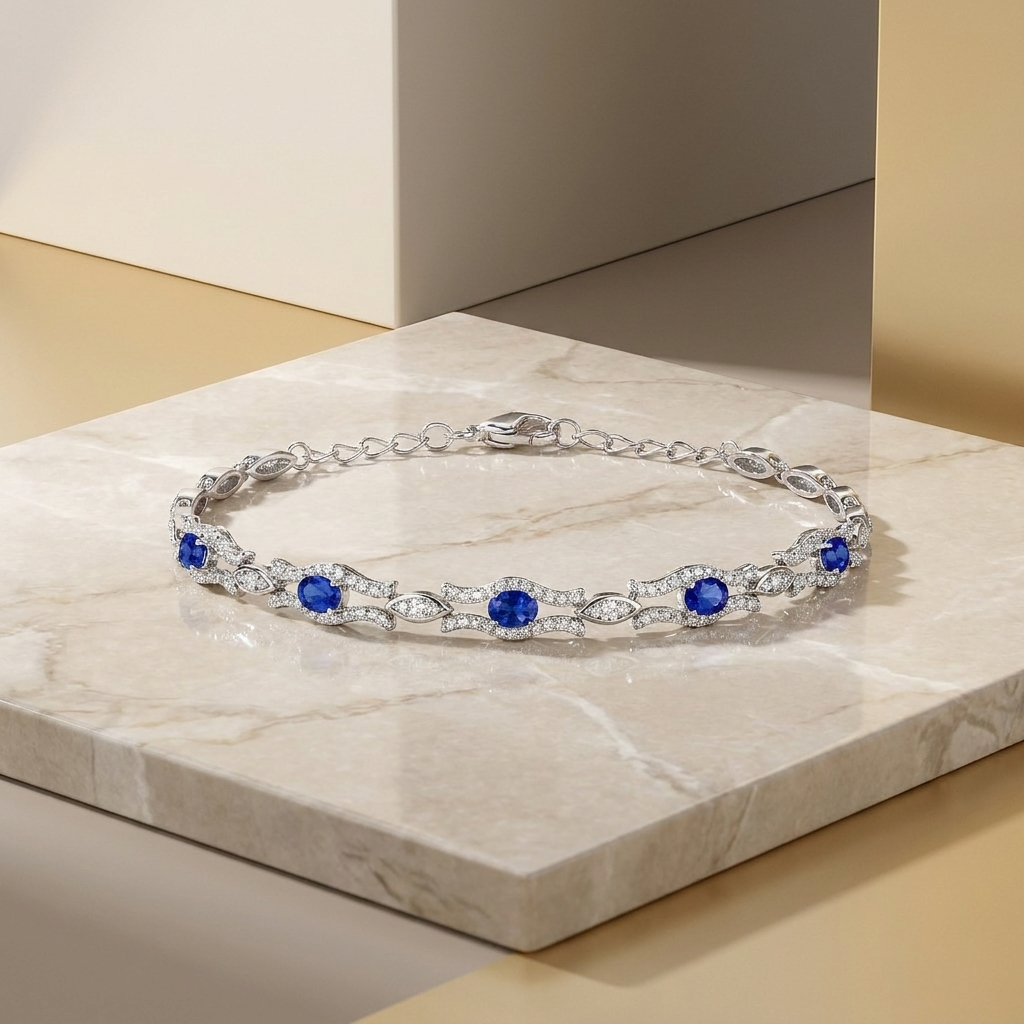 Elegant Blue Gemstone Bracelet Ladies' S925 Sterling Silver Set High-Quality