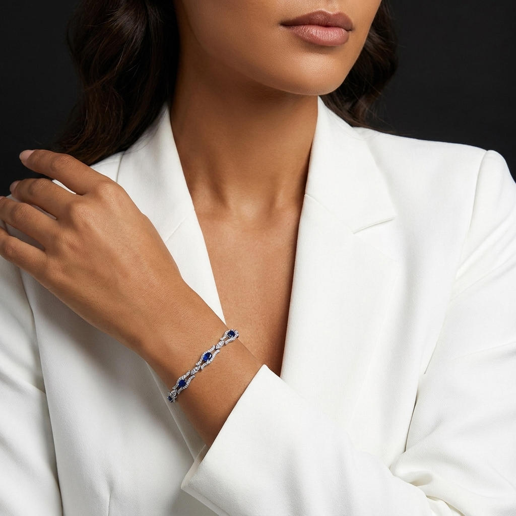 Elegant Blue Gemstone Bracelet Ladies' S925 Sterling Silver Set High-Quality