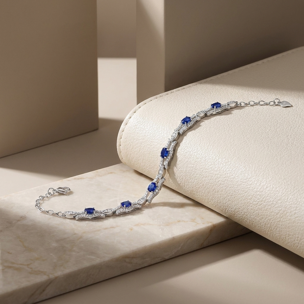 Elegant Blue Gemstone Bracelet Ladies' S925 Sterling Silver Set High-Quality