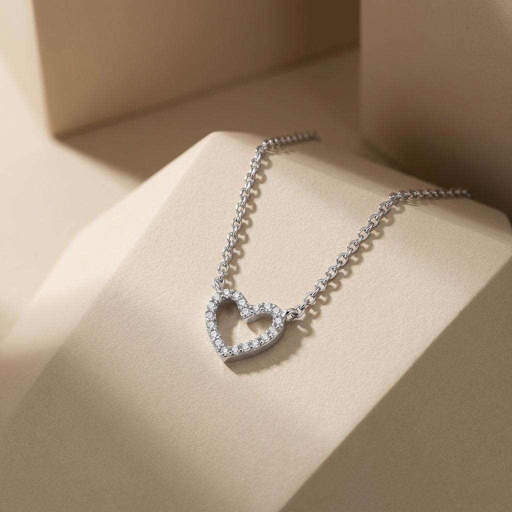 S925 Sterling Silver Simple Full Diamond Heart Pendant Necklace