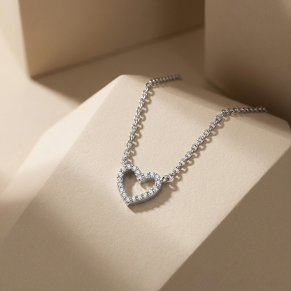 S925 Sterling Silver Simple Full Diamond Heart Pendant Necklace