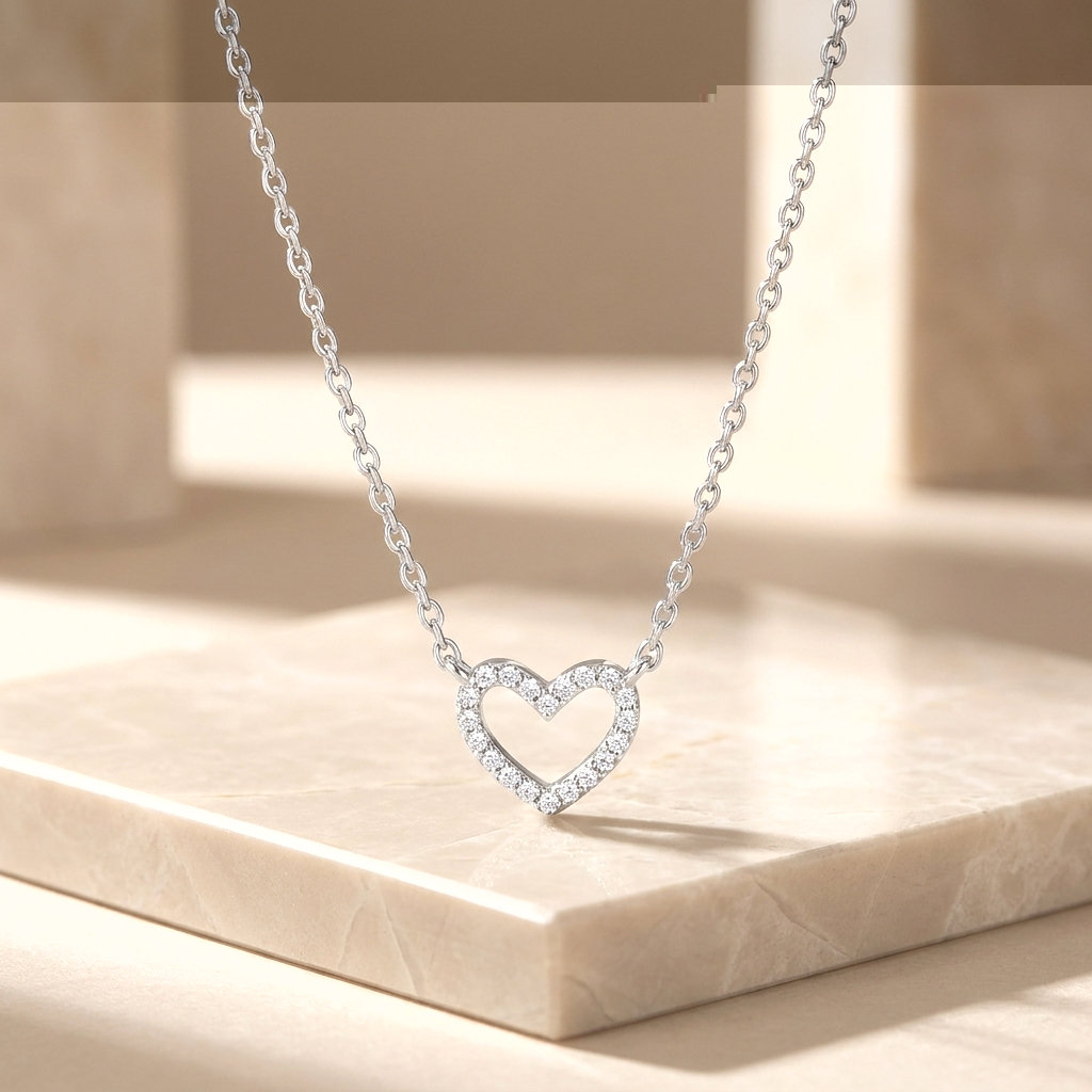 S925 Sterling Silver Simple Full Diamond Heart Pendant Necklace