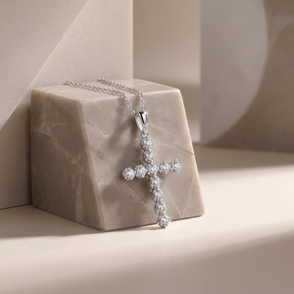 Cross Diamond Moissanite Pendant Necklace – S925 Sterling Silver Platinum-Plated