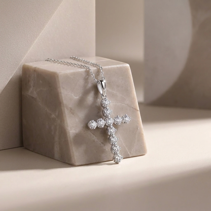 Cross Diamond Moissanite Pendant Necklace – S925 Sterling Silver Platinum-Plated