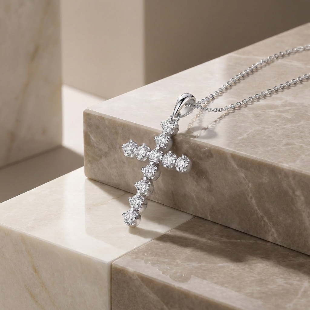 Cross Diamond Moissanite Pendant Necklace – S925 Sterling Silver Platinum-Plated