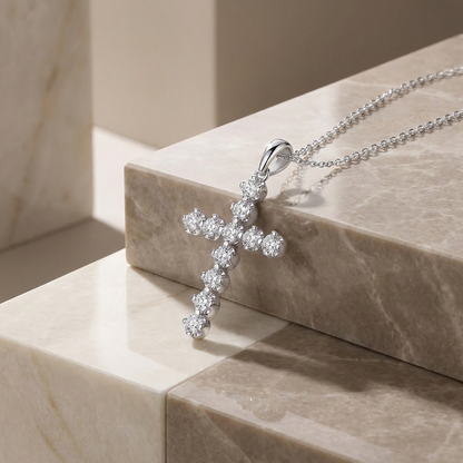 Cross Diamond Moissanite Pendant Necklace – S925 Sterling Silver Platinum-Plated