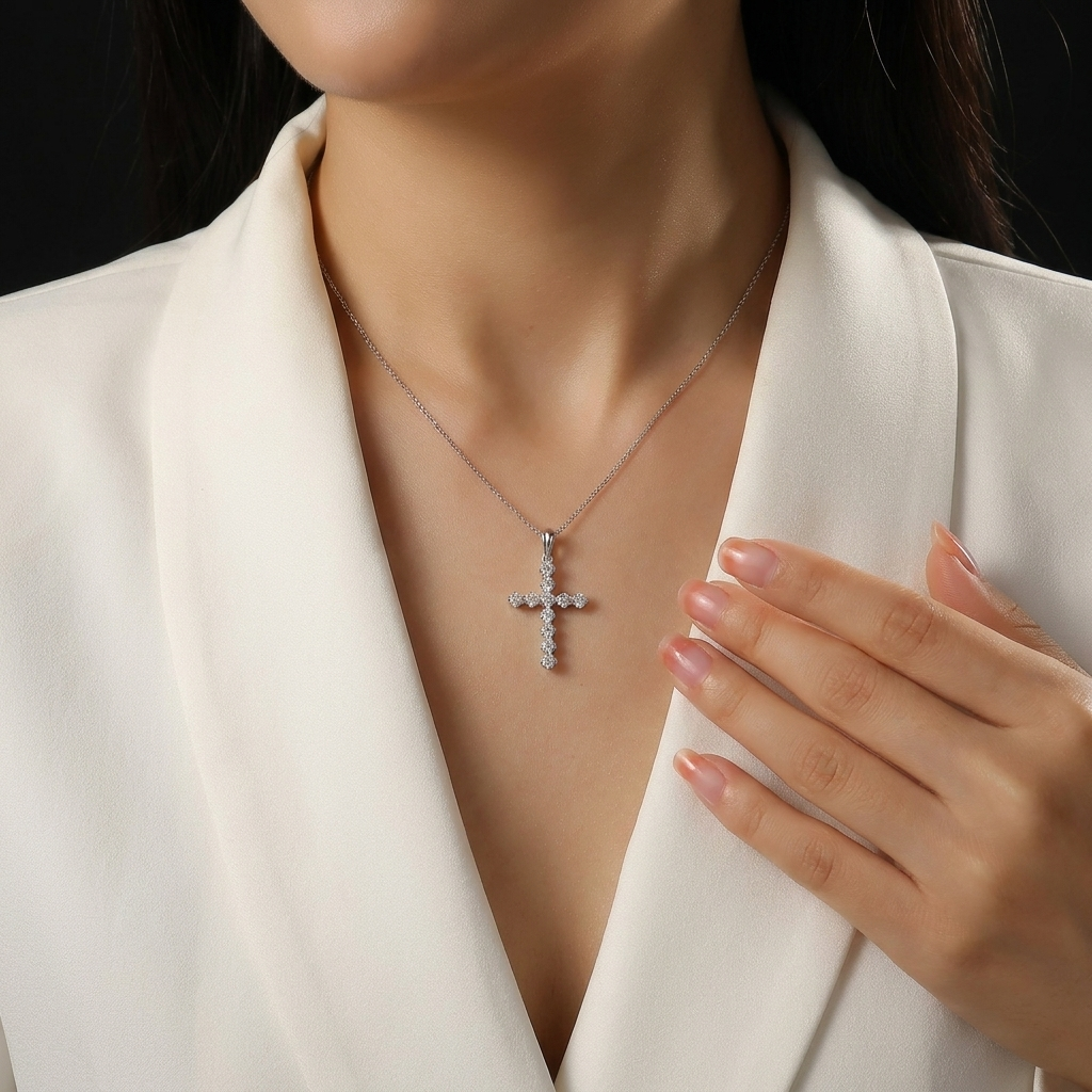 Cross Diamond Moissanite Pendant Necklace – S925 Sterling Silver Platinum-Plated