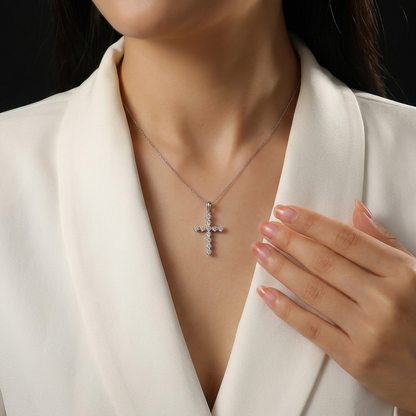 Cross Diamond Moissanite Pendant Necklace – S925 Sterling Silver Platinum-Plated