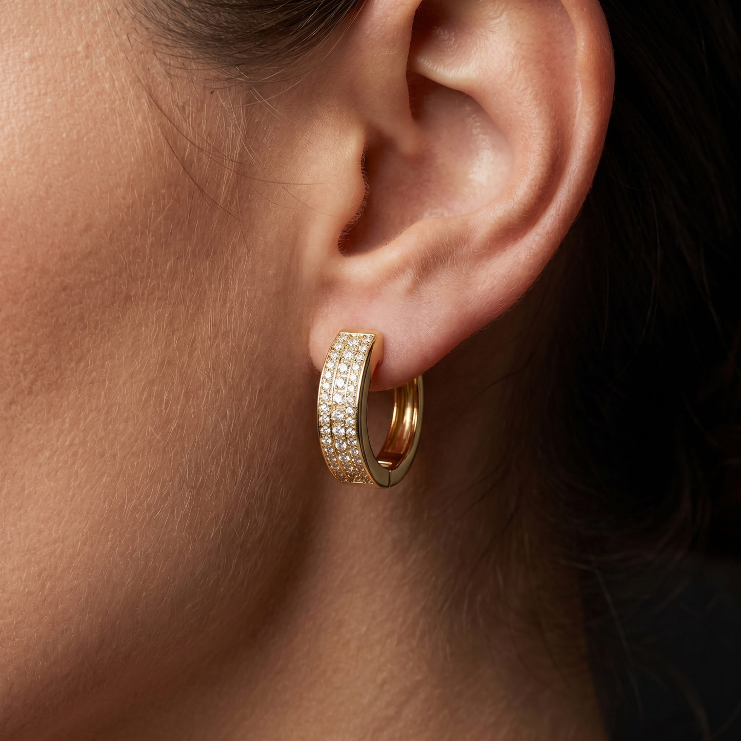 Triple Row Pavé Huggie Earrings — 18K Gold Plated S925 Silver | CZ Hoop | Gift for Her