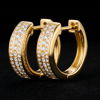 Triple Row Pavé Huggie Earrings — 18K Gold Plated S925 Silver | CZ Hoop | Gift for Her
