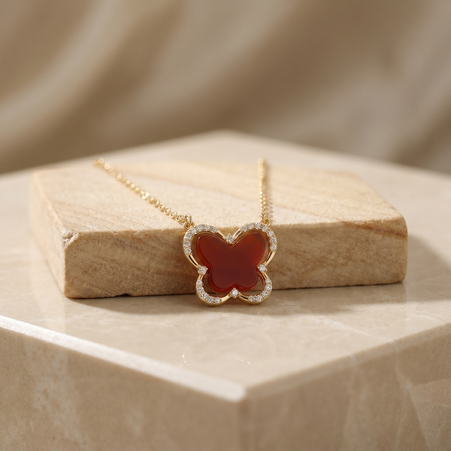 Red Butterfly Necklace — 18K Gold Plated S925 Silver | CZ Halo Carnelian Pendant | Gift for Her