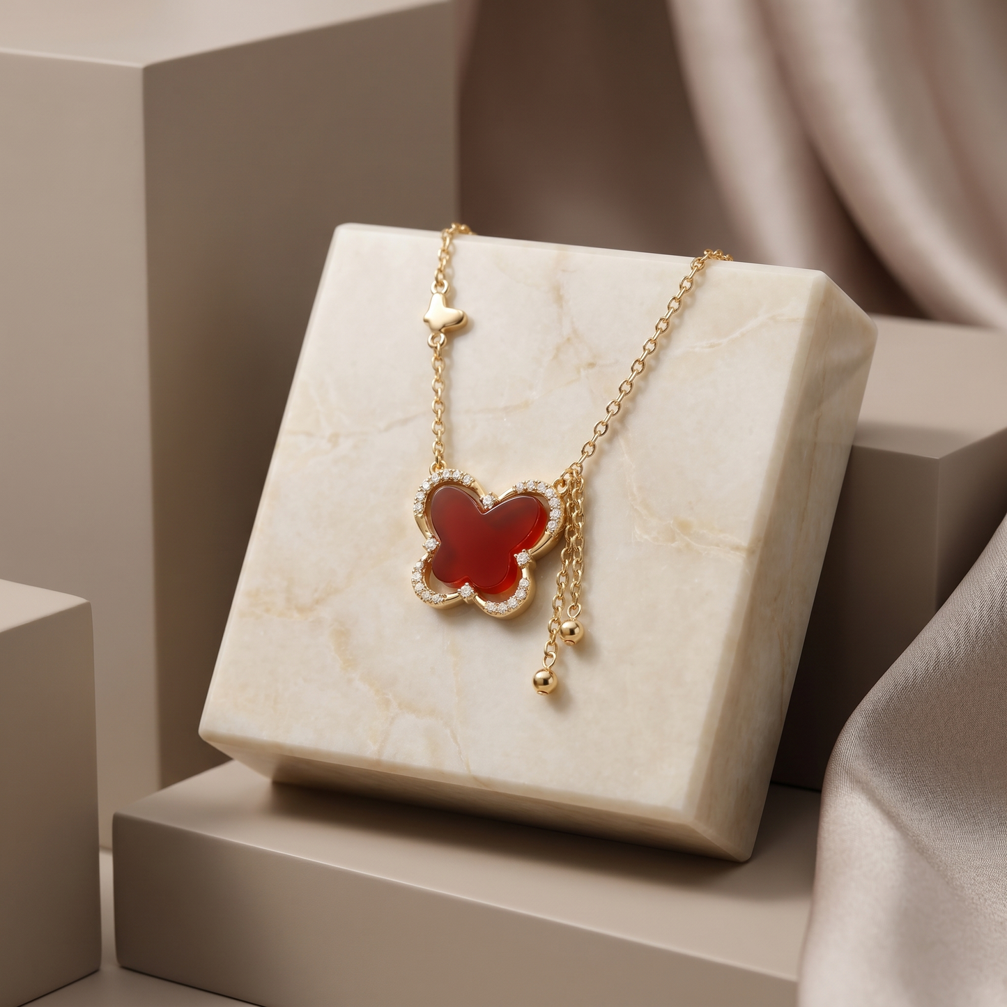 Red Butterfly Necklace — 18K Gold Plated S925 Silver | CZ Halo Carnelian Pendant | Gift for Her