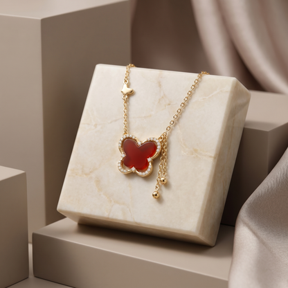 Red Butterfly Necklace — 18K Gold Plated S925 Silver | CZ Halo Carnelian Pendant | Gift for Her