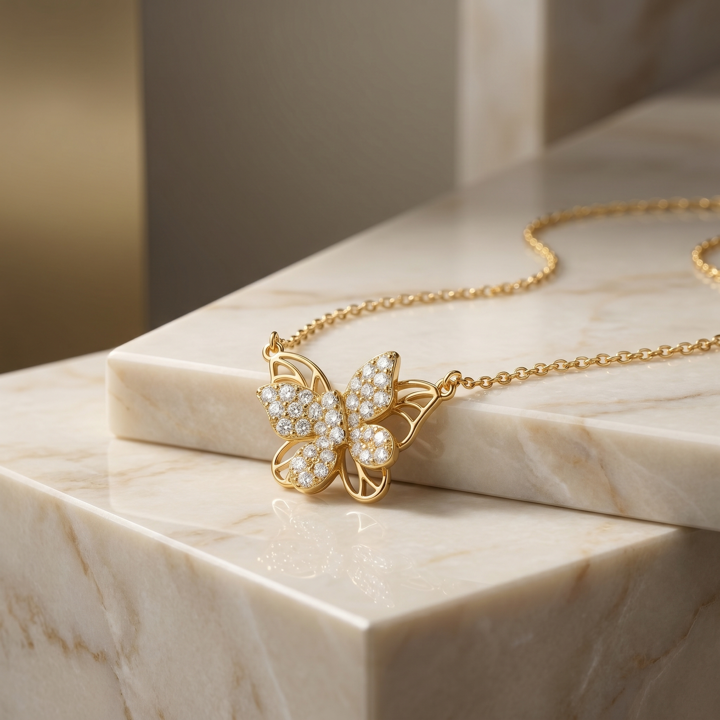 Sparkling Butterfly Pendant Necklace with Fine Diamond Accents S925 Sterling gold plating