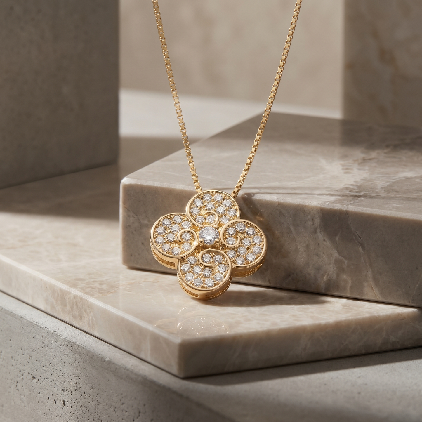 Scrolled Diamond Clover Pendant Necklace with Fine Box Chain S925 Sterling Silver gold plating