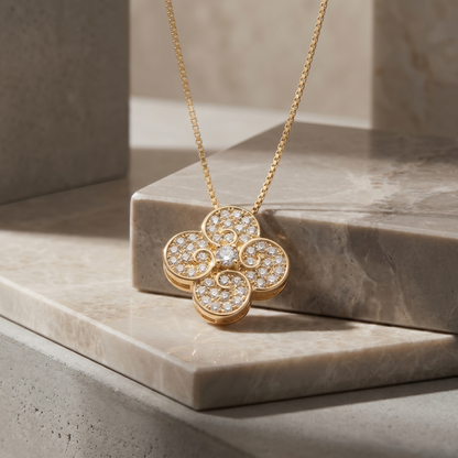 Scrolled Diamond Clover Pendant Necklace with Fine Box Chain S925 Sterling Silver gold plating