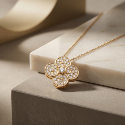 Scrolled Diamond Clover Pendant Necklace with Fine Box Chain S925 Sterling Silver gold plating