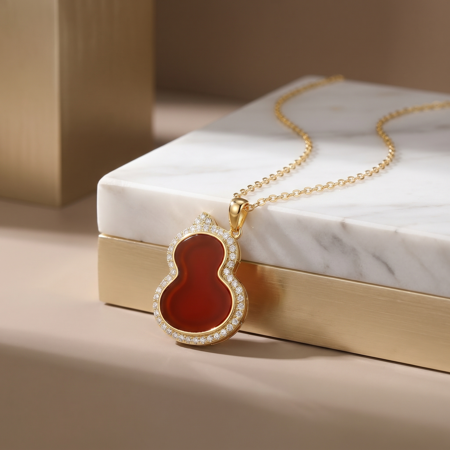 Red Carnelian Hulu Gourd Pendant Necklace with Sparkling Crystal Halo S925 Sterling gold plating