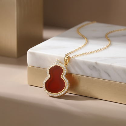Red Carnelian Hulu Gourd Pendant Necklace with Sparkling Crystal Halo S925 Sterling gold plating