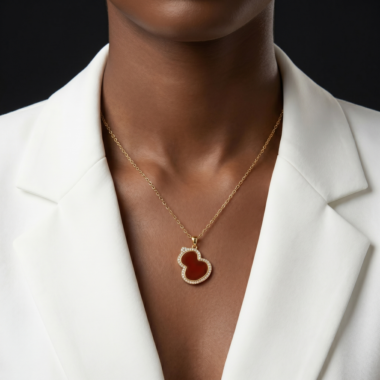 Red Carnelian Hulu Gourd Pendant Necklace with Sparkling Crystal Halo S925 Sterling gold plating