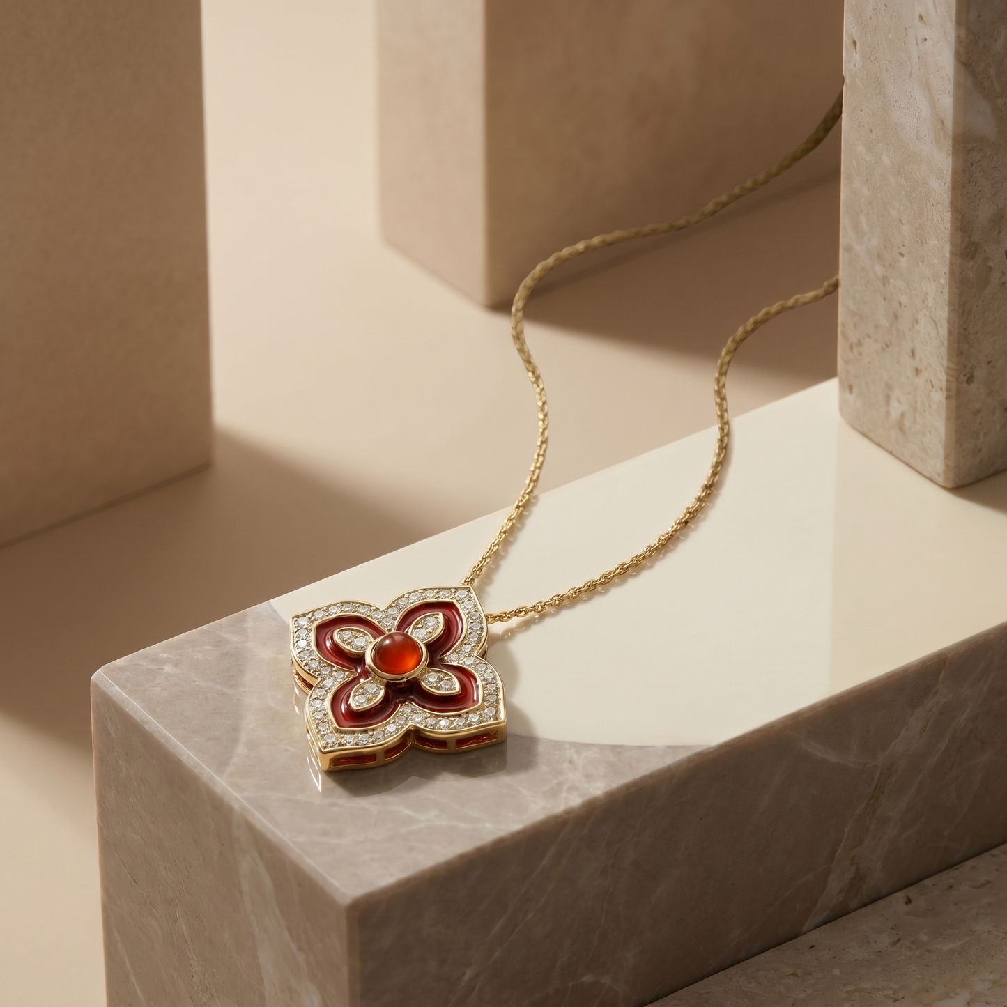 Radiant Red Enamel and Diamond Quatrefoil Pendant Necklace S925 Sterling gold plating