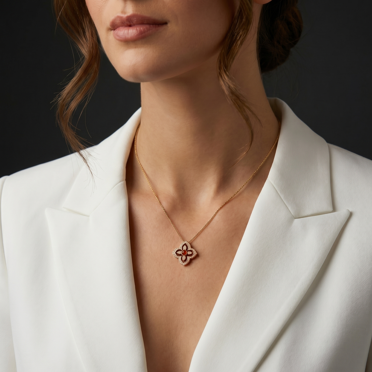 Radiant Red Enamel and Diamond Quatrefoil Pendant Necklace S925 Sterling gold plating