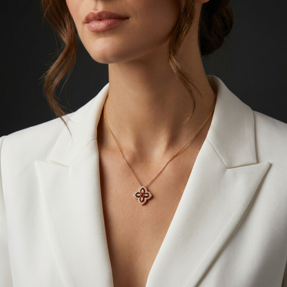 Radiant Red Enamel and Diamond Quatrefoil Pendant Necklace S925 Sterling gold plating