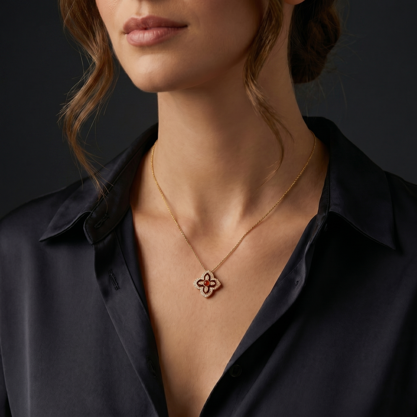 Radiant Red Enamel and Diamond Quatrefoil Pendant Necklace S925 Sterling gold plating