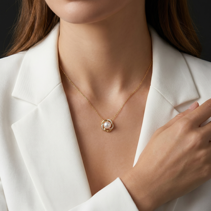 White Pearl Floral Swirl Pendant Necklace with Shimmering Accents S925 Sterling Silver