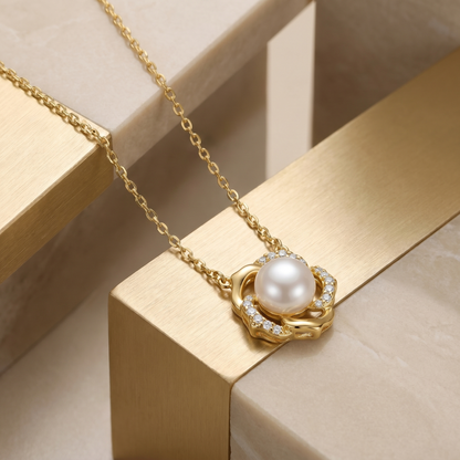 White Pearl Floral Swirl Pendant Necklace with Shimmering Accents S925 Sterling Silver