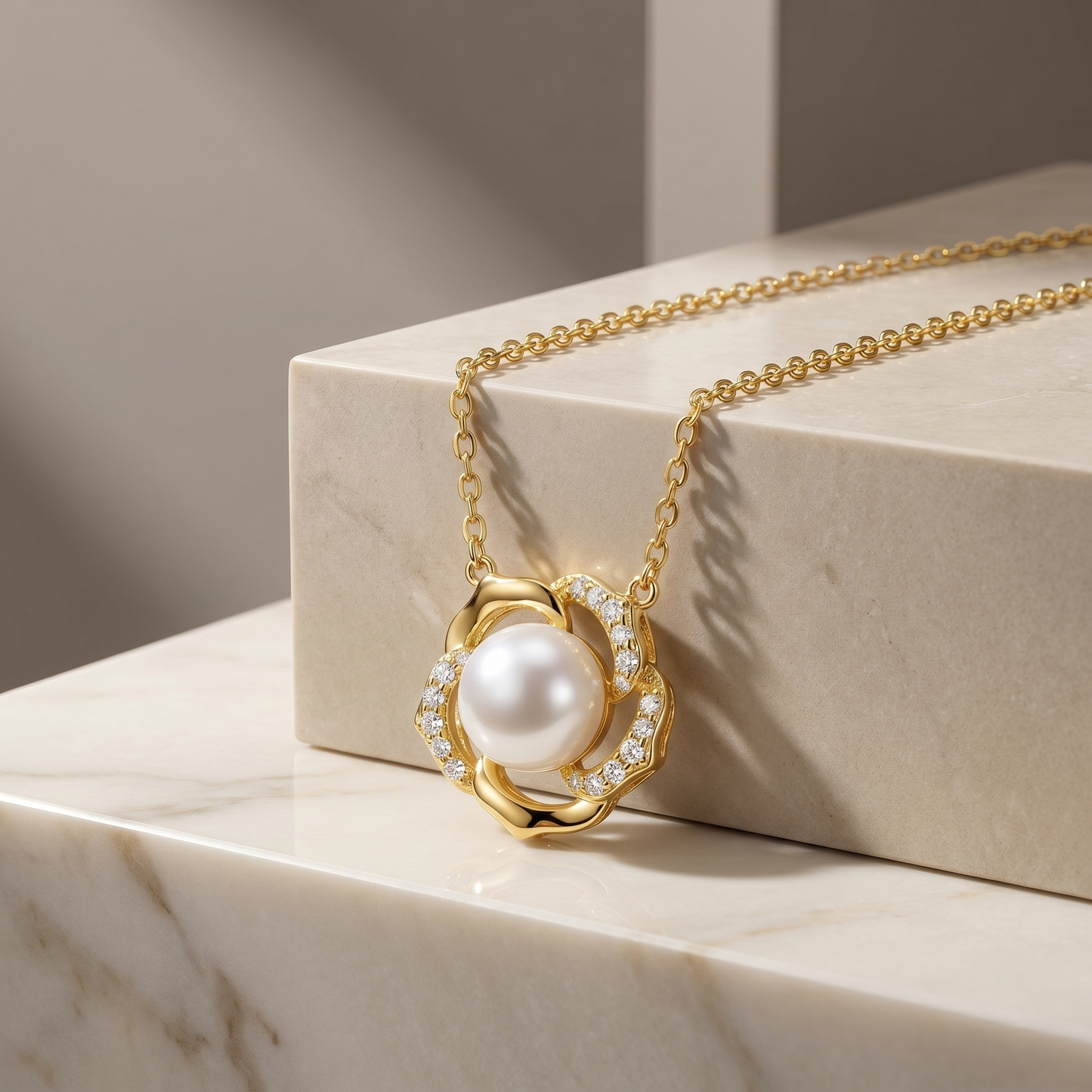 White Pearl Floral Swirl Pendant Necklace with Shimmering Accents S925 Sterling Silver