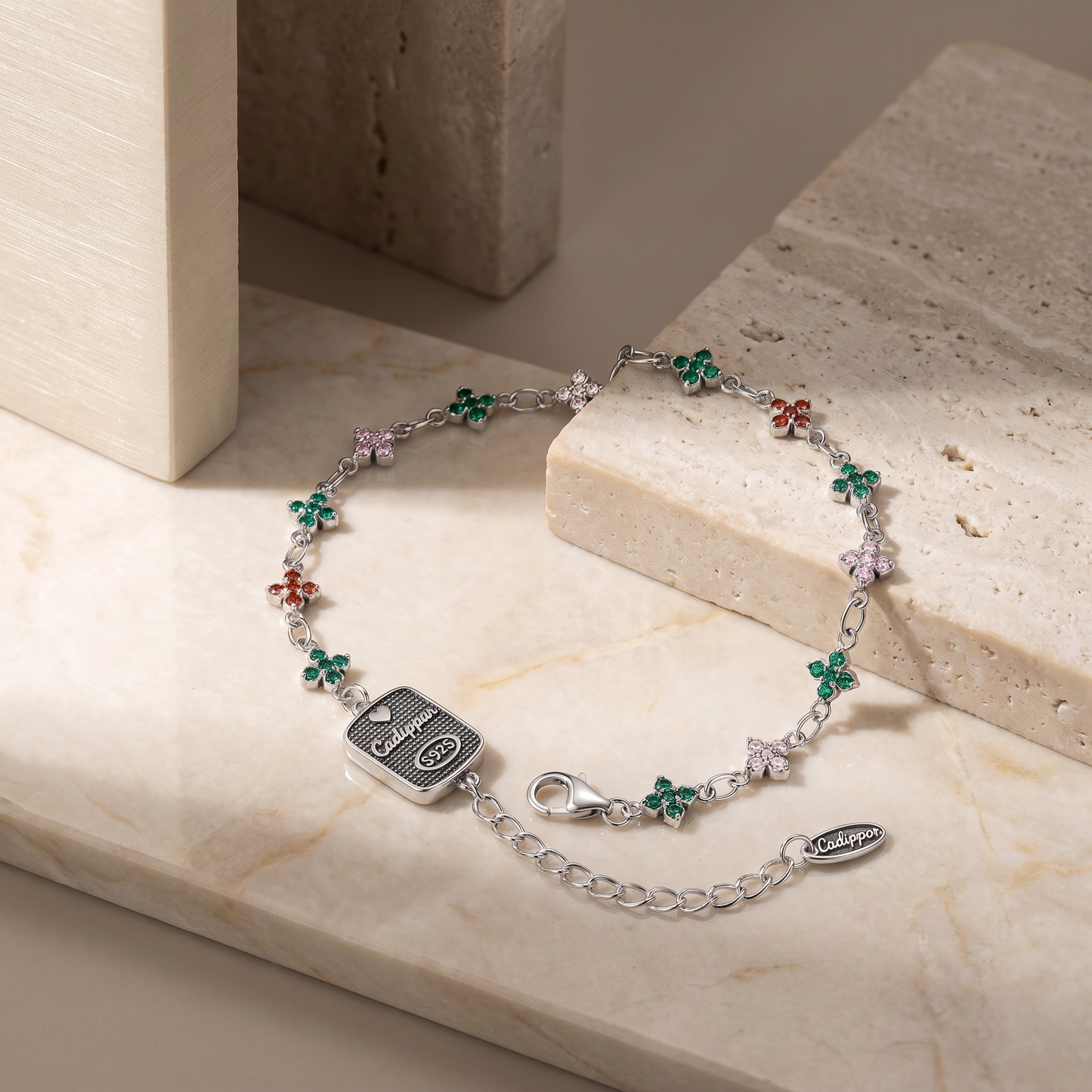 Colorful Floral Charm Bracelet S925 Silver | CZ Flower Garden | Dainty Women's Jewelry