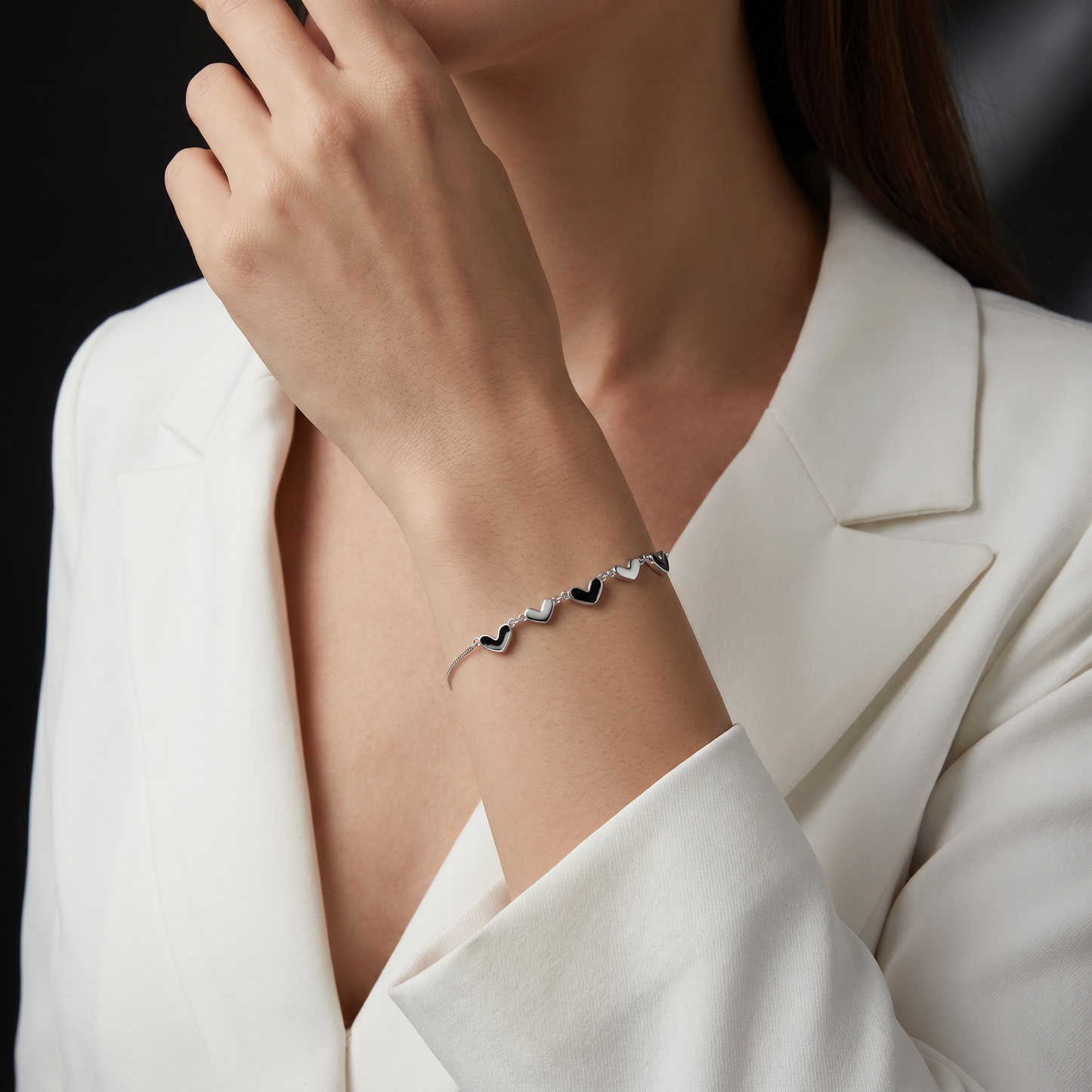 Black & White Heart Bracelet — S925 Silver Enamel | Minimalist Gift for Her