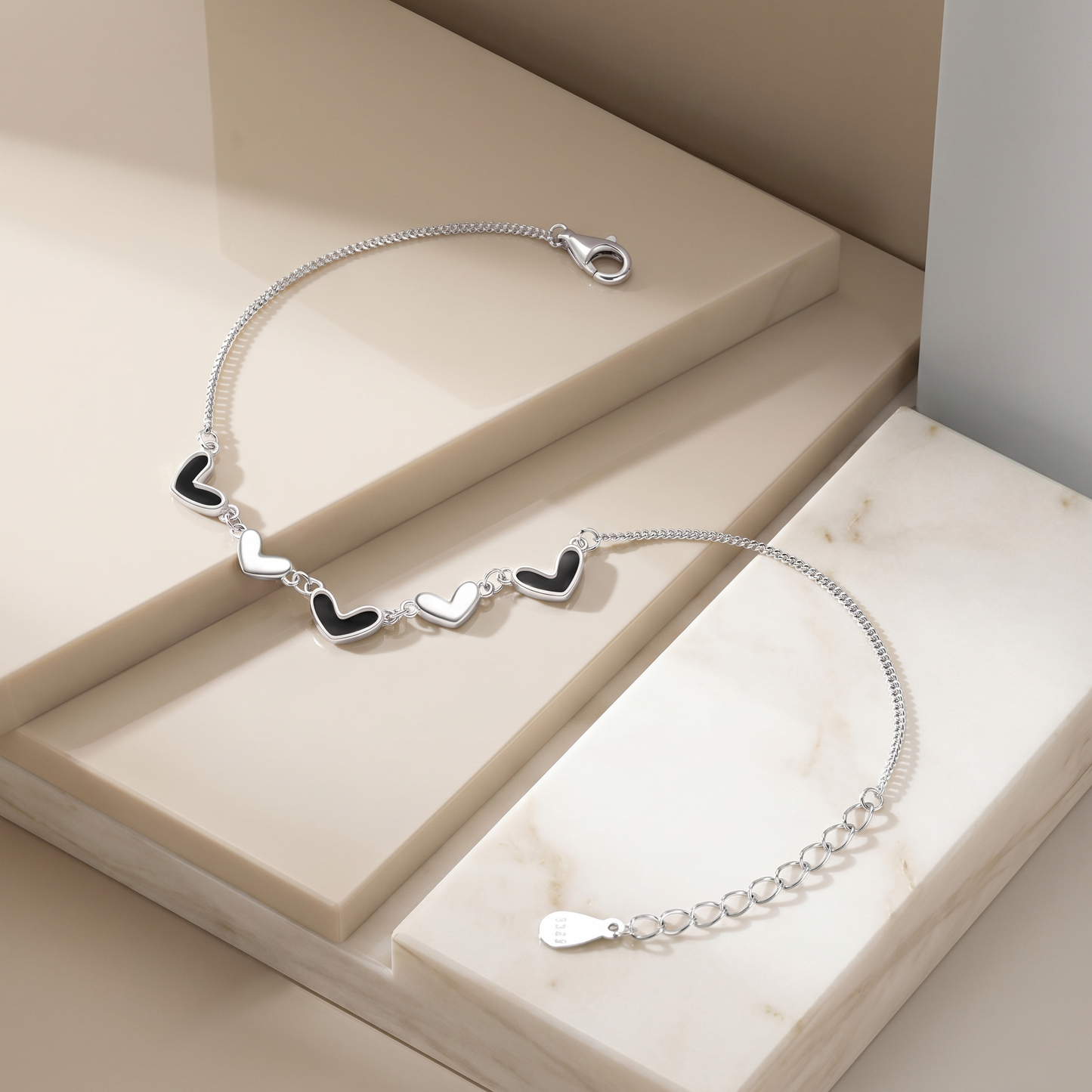 Black & White Heart Bracelet — S925 Silver Enamel | Minimalist Gift for Her