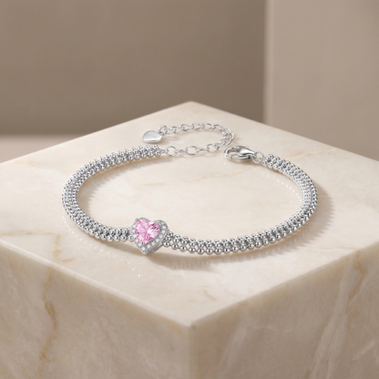 Pink Heart Bracelet — S925 Silver Popcorn Chain CZ Halo Heart  Gift for Her