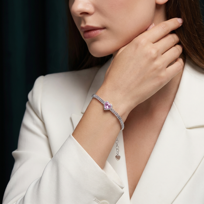 Pink Heart Bracelet — S925 Silver Popcorn Chain CZ Halo Heart  Gift for Her