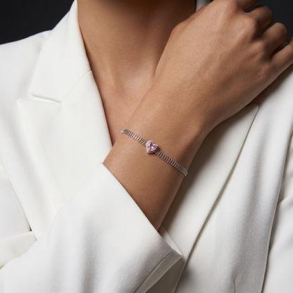 Pink Heart Bracelet — S925 Silver Popcorn Chain CZ Halo Heart  Gift for Her