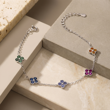 Rainbow Flower Charm Bracelet — S925 Silver | Multicolor CZ Clover | Dainty Gift for Her