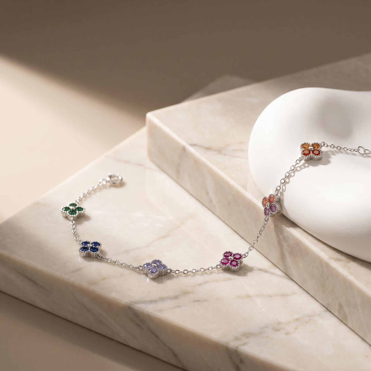 Rainbow Flower Charm Bracelet — S925 Silver | Multicolor CZ Clover | Dainty Gift for Her