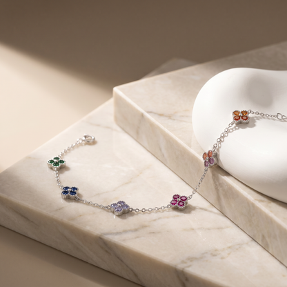 Rainbow Flower Charm Bracelet — S925 Silver | Multicolor CZ Clover | Dainty Gift for Her